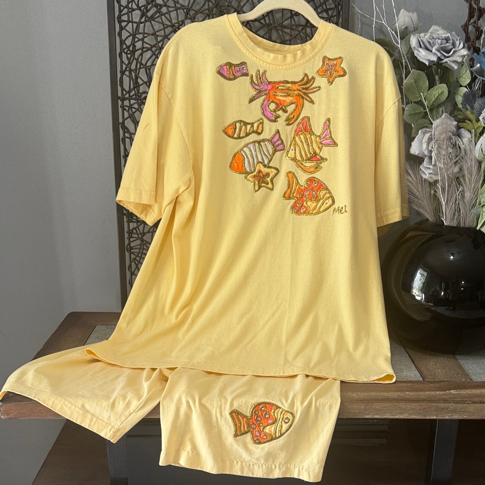 Erika Yellow Fish Applique Lounge Set Shorts & Tee Relaxed Coastal XL